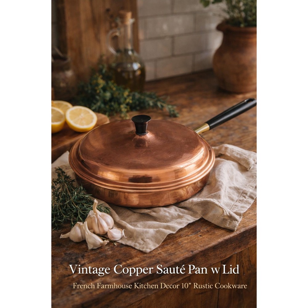 Vintage Copper Sauté Pan with Lid – French Farmhouse Rustic Kitchen Decor 10-11
